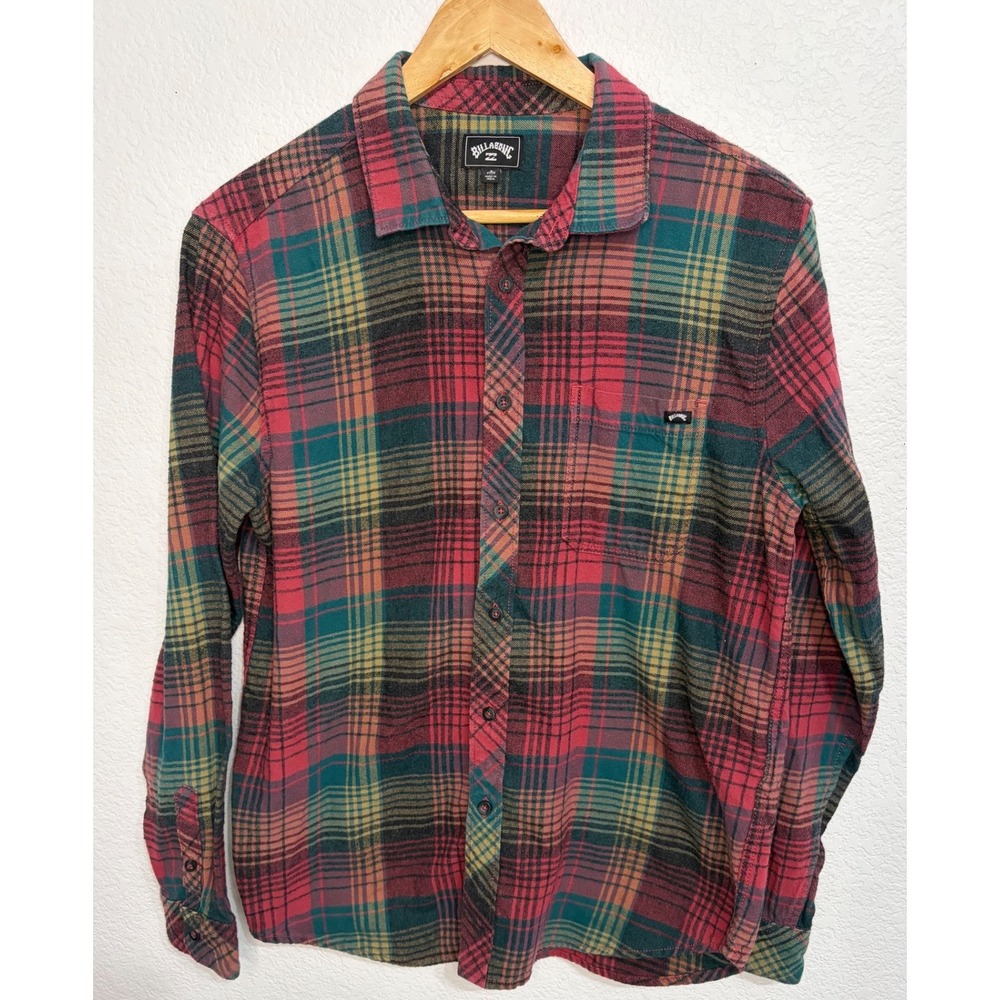 Billabong Mens Plaid Flannel Button‎ Down Shirt Red Green Yellow Small